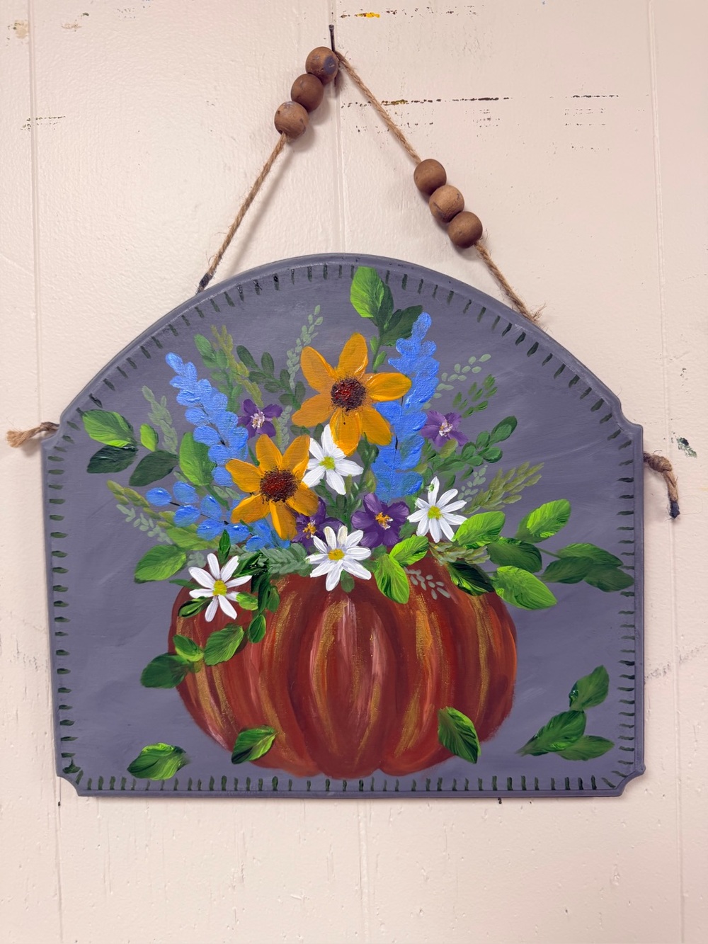 Hand-Painted Pumpkin Floral Wall Sign - Gray and Orange